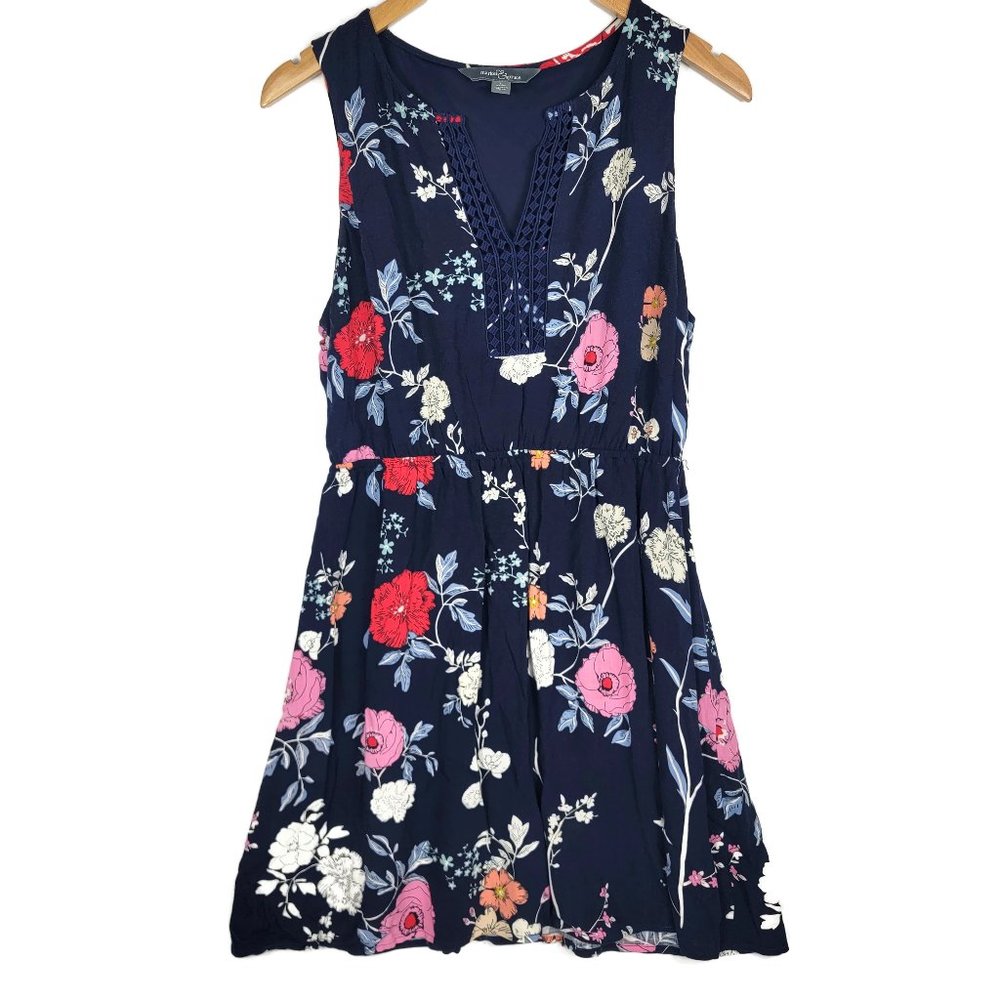 Market & Spruce Dress Size Petite LARGE Lined Nave Blue Floral Sleeveless Mini